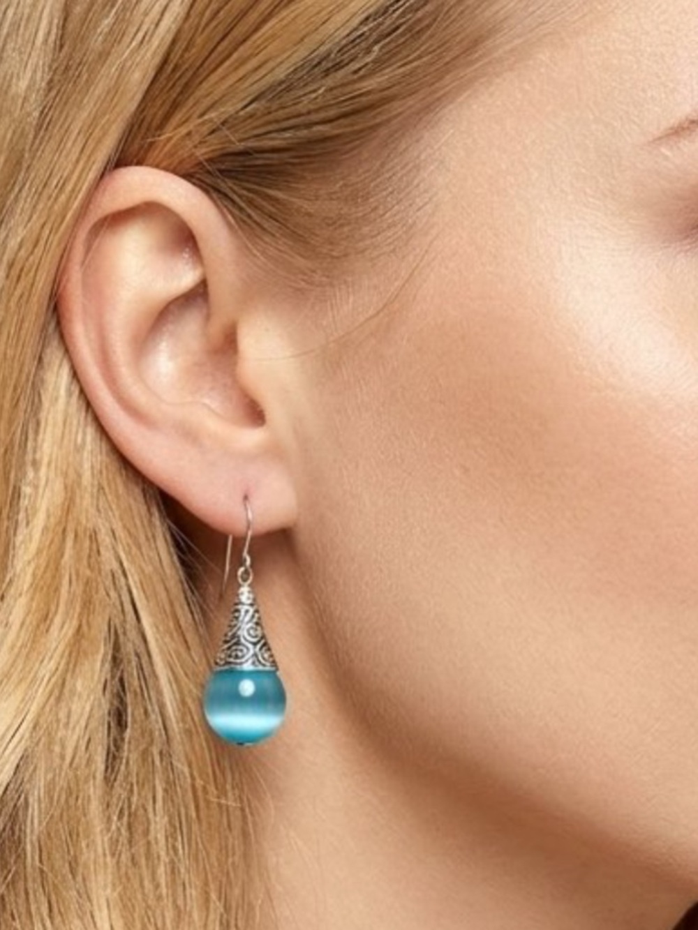 Hand Blown Blue Glass Antique Silver Hook Drop Hang Earrings